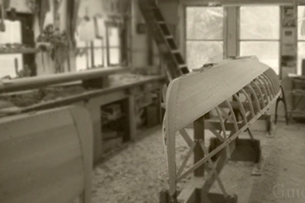 An Adirondack Guideboat under construction at the Hanmer Guideboat Shop.